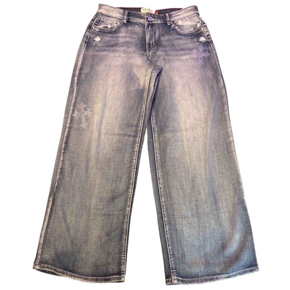 Project Rebel Denim Womens Blue Wide Leg Jeans Rhinestone Cross Distressed,‎ 11